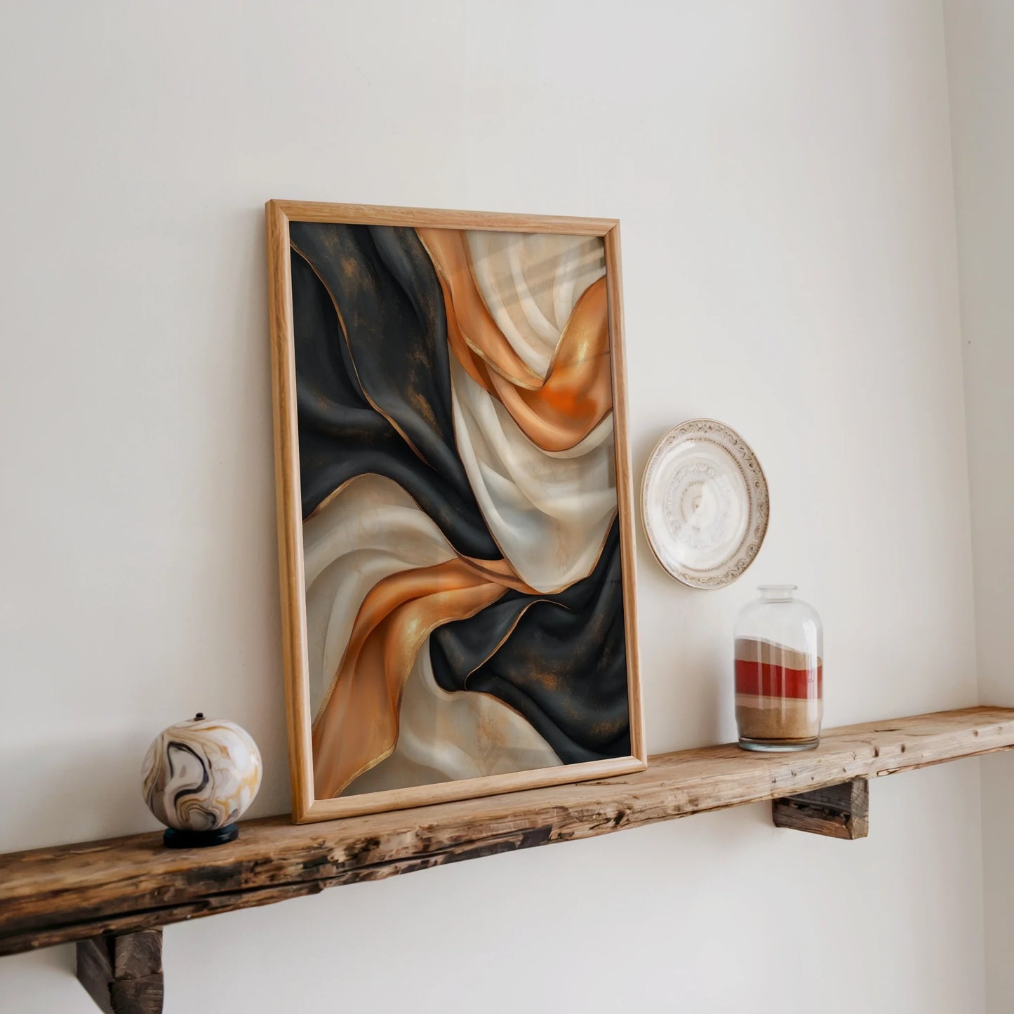 Copper Black Flowing Silk Ribbons Luxury Canvas Wall Art — Sleek modern artwork showing burnished metal cascades dancing through darkness for chic home styling