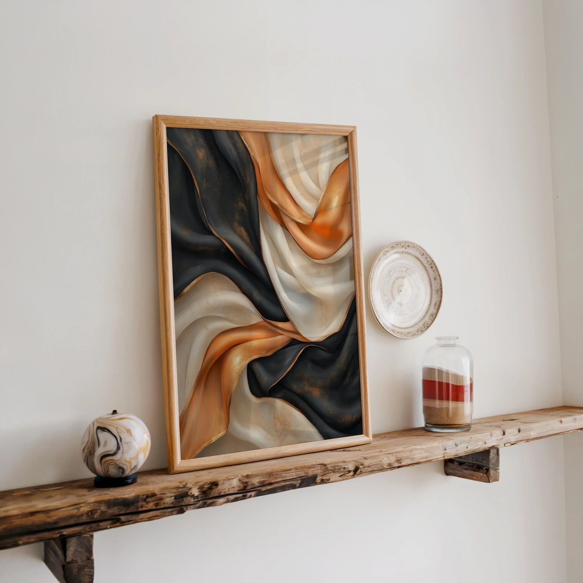Copper Black Flowing Silk Ribbons Luxury Canvas Wall Art — Sleek modern artwork showing burnished metal cascades dancing through darkness for chic home styling