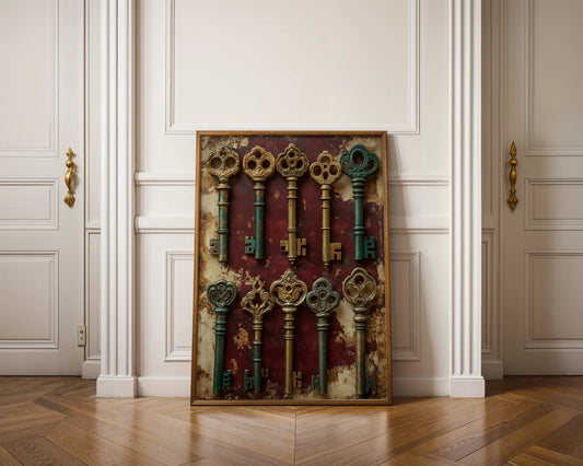 Skeleton Key Collection Dark Academia Canvas Wall Art Print — Academic-inspired canvas showcasing ten historical keys in weathered metal for scholarly home decor