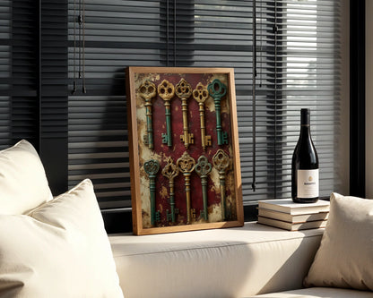 Skeleton Key Collection Dark Academia Canvas Wall Art Print — Medieval-style wall print featuring aged key collection in rich bronze tones for dramatic interiors