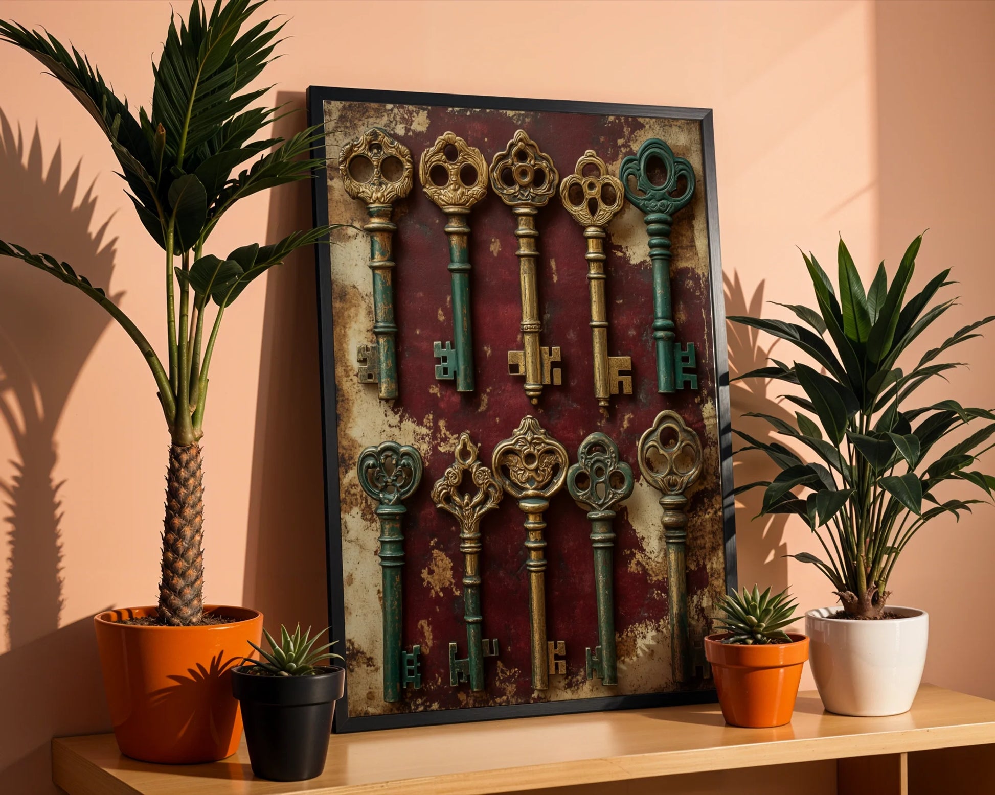Skeleton Key Collection Dark Academia Canvas Wall Art Print — Period-inspired artwork displaying ornamental keys with patina finish for traditional home styling