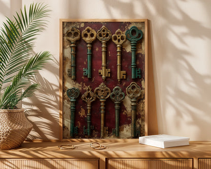 Skeleton Key Collection Dark Academia Canvas Wall Art Print — Industrial-meets-vintage canvas print of weathered keys in copper hues for eclectic decor schemes