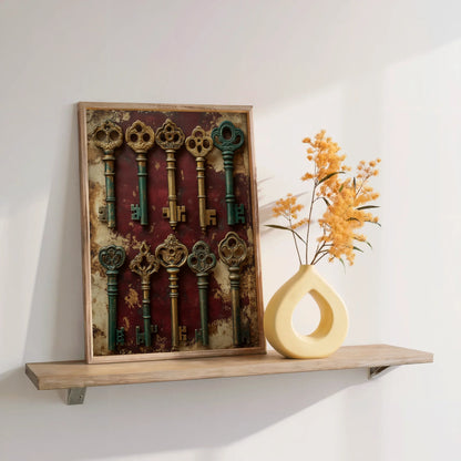 Skeleton Key Collection Dark Academia Canvas Wall Art Print — Rich burgundy canvas with textured bronze key display creating depth for warm color palettes