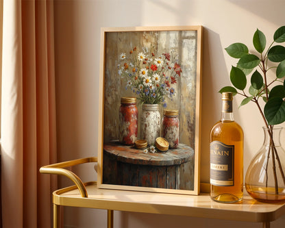 Farmhouse Mason Jar Wildflower Daisy Cornflower Canvas Wall Art — Rustic canvas showcasing weathered glass jars filled with meadow blooms for farmhouse home decor