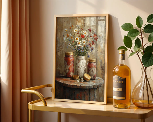 Farmhouse Mason Jar Wildflower Daisy Cornflower Canvas Wall Art — Rustic canvas showcasing weathered glass jars filled with meadow blooms for farmhouse home decor