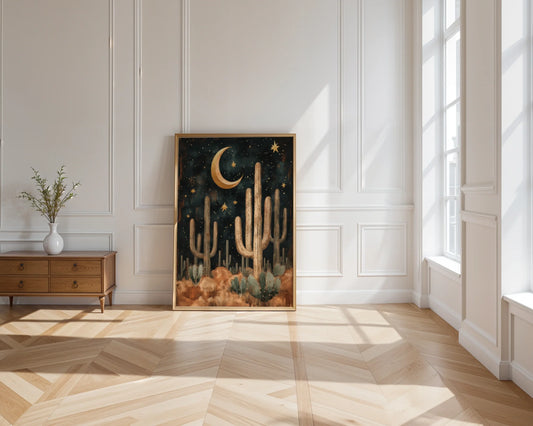Desert Night Sky Boho Saguaro Cactus Crescent Moon Canvas Art — Bohemian canvas featuring tall cacti beneath starlit sky for eclectic home decor styling