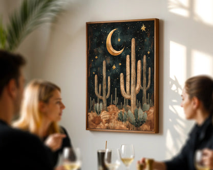 Desert Night Sky Boho Saguaro Cactus Crescent Moon Art in room