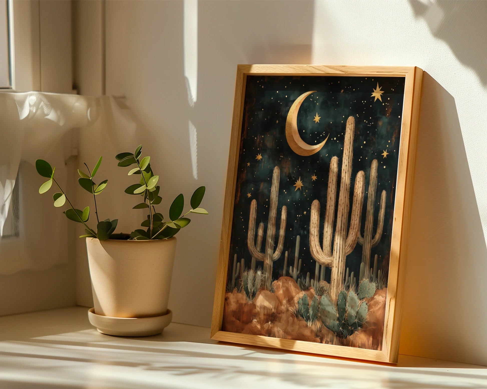 Desert Night Sky Boho Saguaro Cactus Crescent Moon Art in room