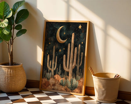 Desert Night Sky Boho Saguaro Cactus Crescent Moon Canvas Art — Artistic print showing desert giants under celestial glow for eclectic wall decor