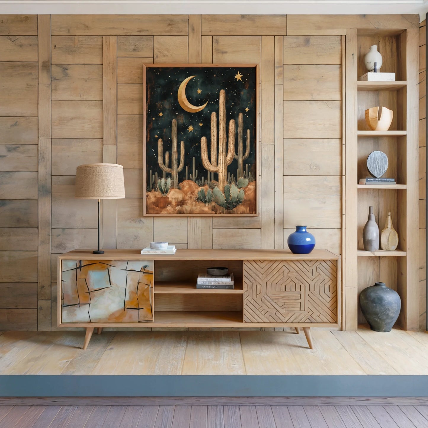 Desert Night Sky Boho Saguaro Cactus Crescent Moon Art in room