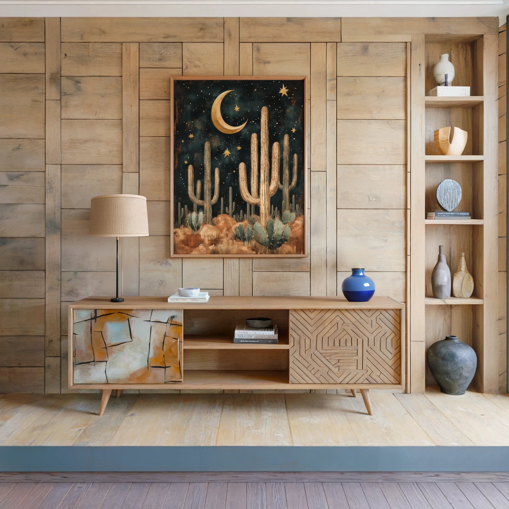 Desert Night Sky Boho Saguaro Cactus Crescent Moon Art in room