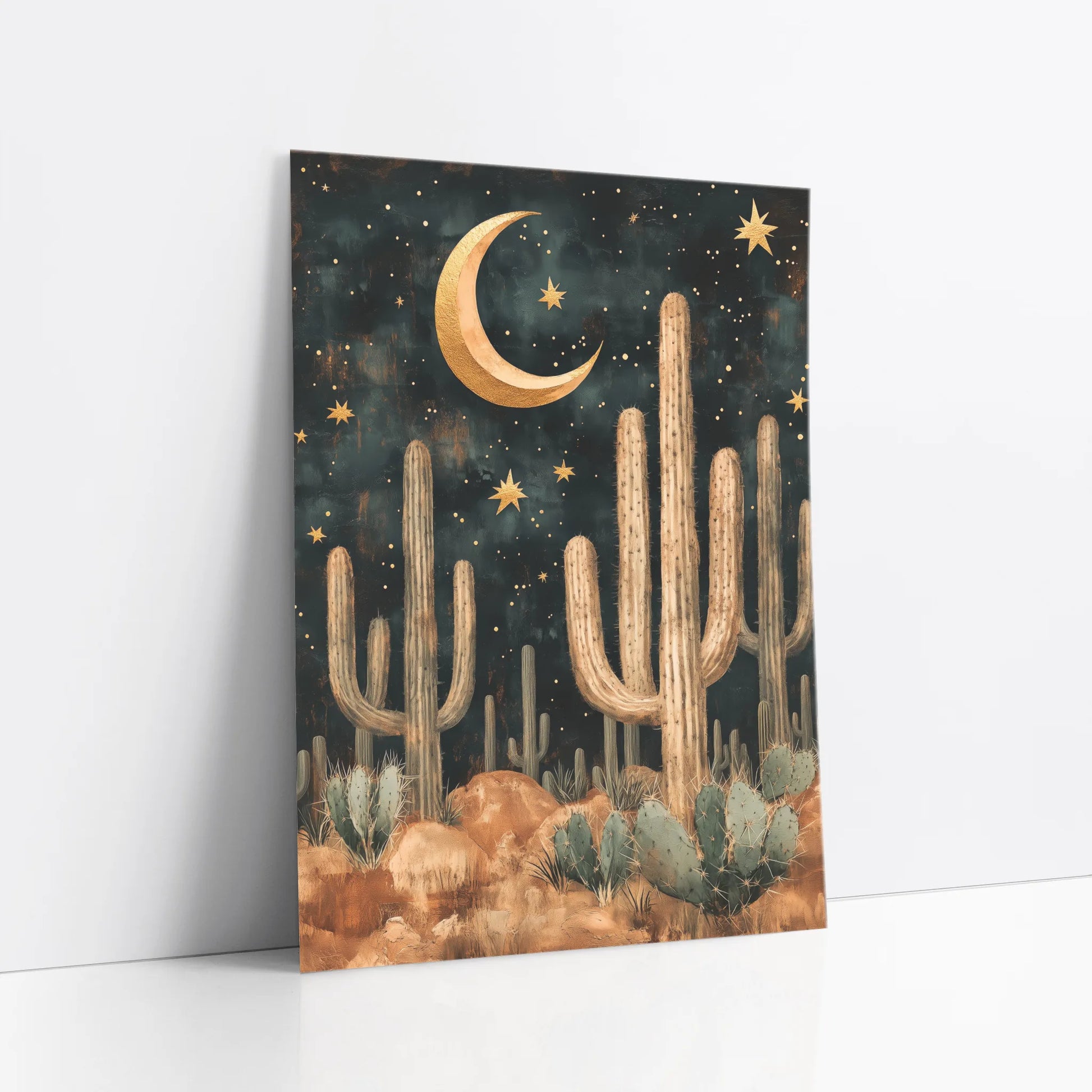 Desert Night Sky Boho Saguaro Cactus Crescent Moon Art art print