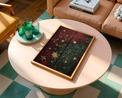 Celestial Map Gold Stars Cracked Leather Canvas Wall Art — Scholarly canvas showcasing fragmented star charts with rich burgundy tones for academic home styling