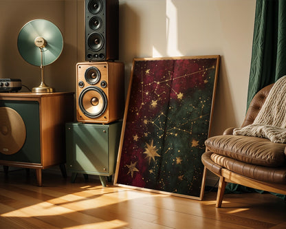 Celestial Map Gold Stars Cracked Leather Canvas Wall Art — Mysterious artwork featuring old manuscript textures and cosmic imagery for dramatic interior design