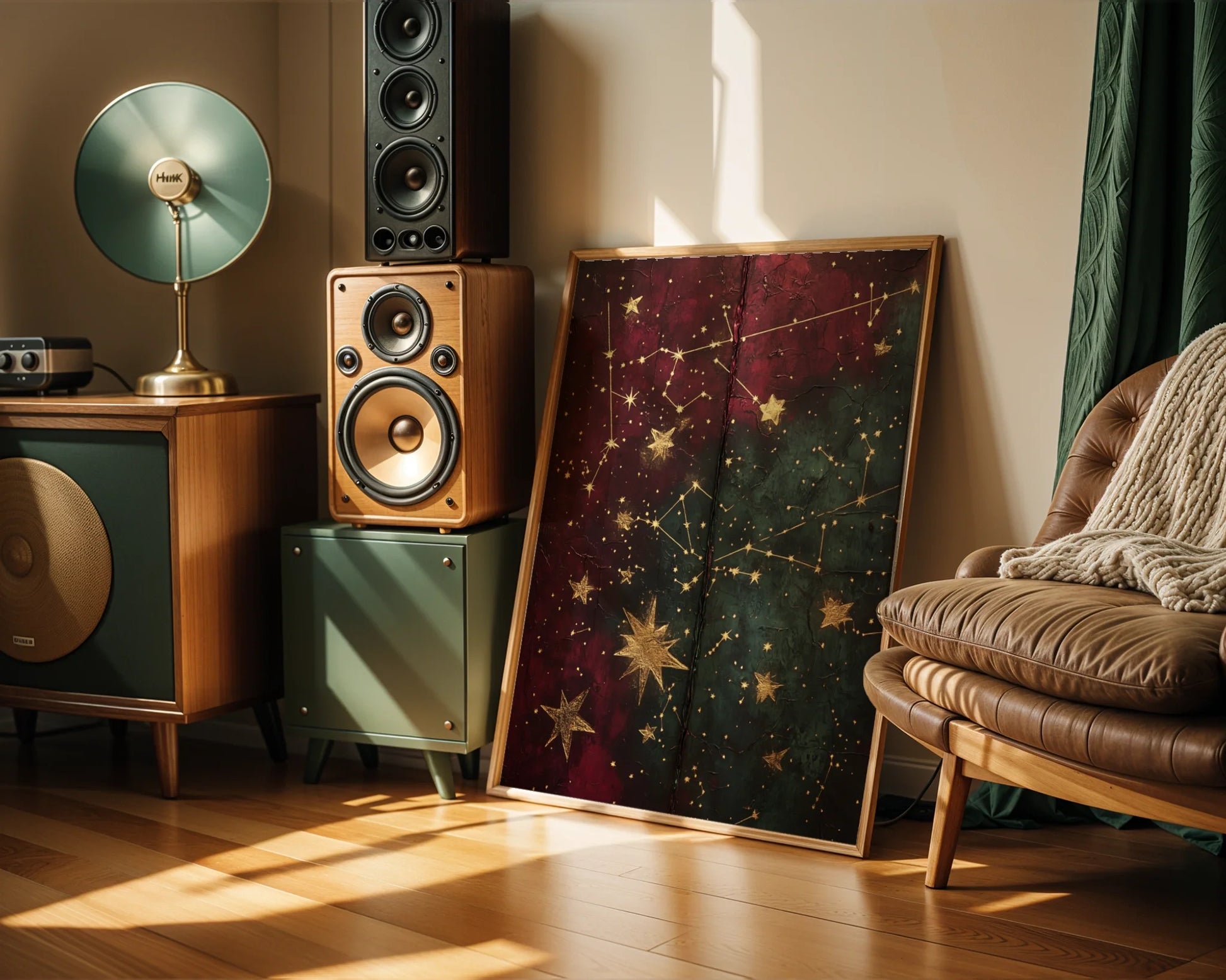 Celestial Map Gold Stars Cracked Leather in room