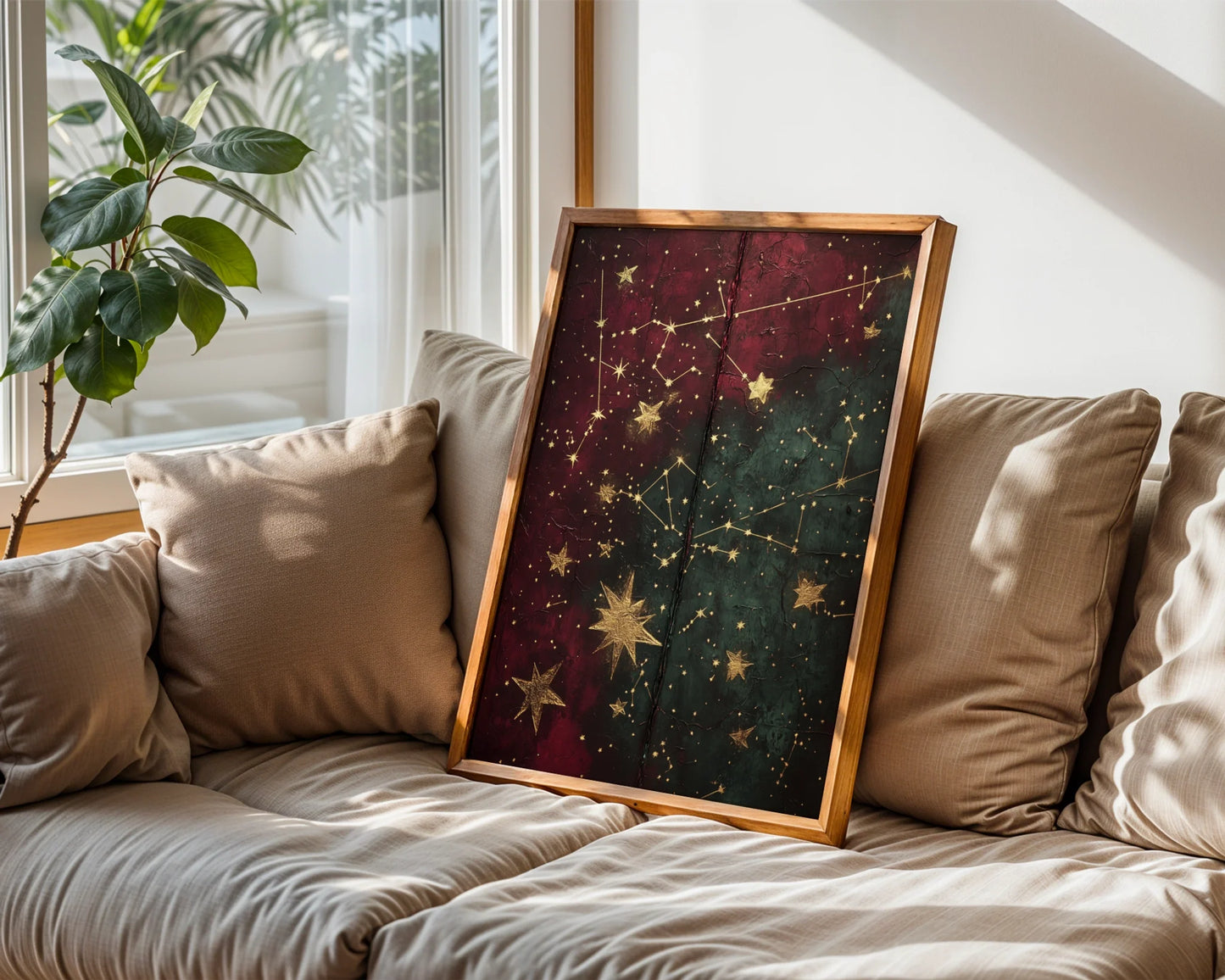 Celestial Map Gold Stars Cracked Leather Canvas Wall Art — Distressed parchment print displaying heavenly navigation charts for bookish home aesthetics
