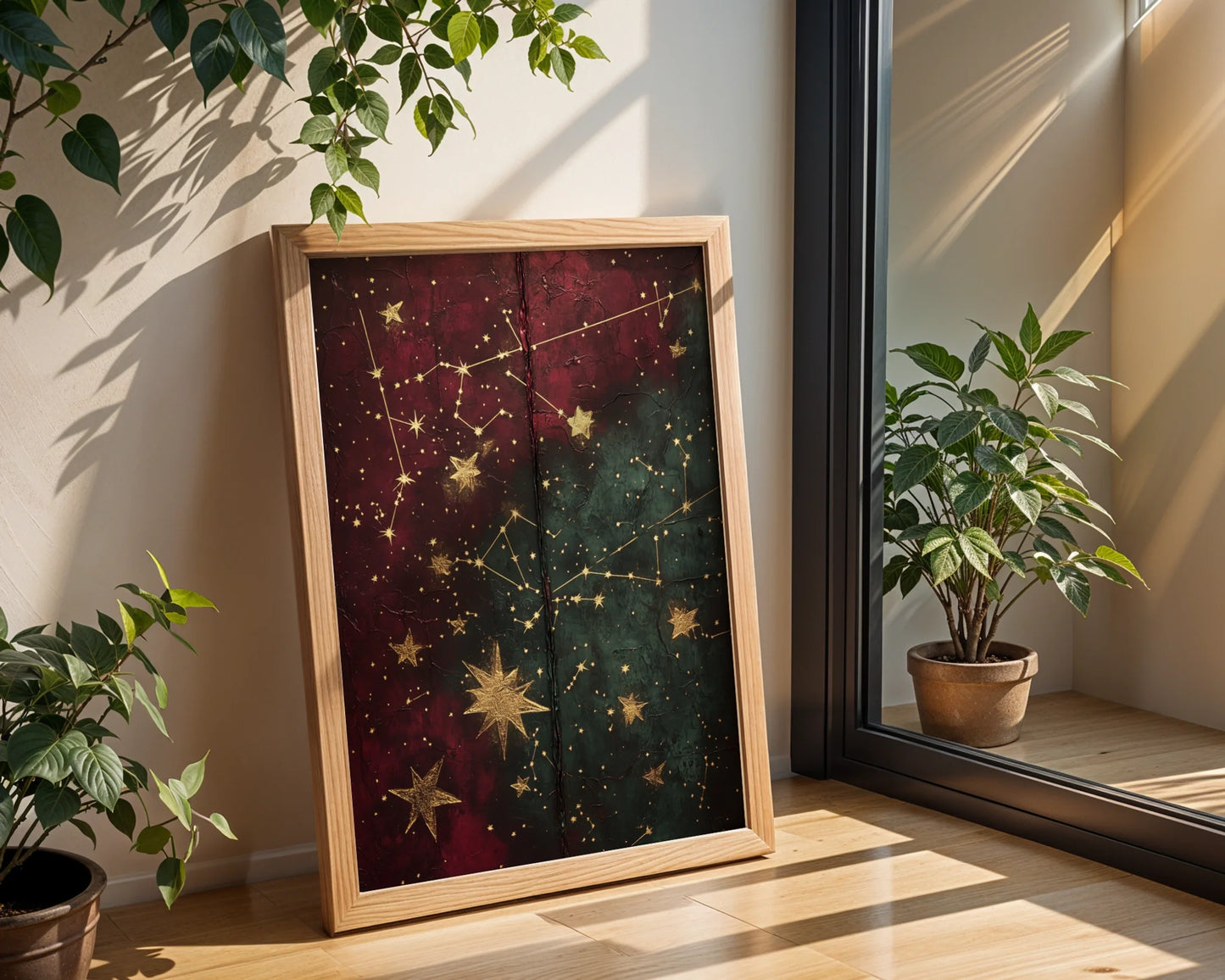 Celestial Map Gold Stars Cracked Leather in room