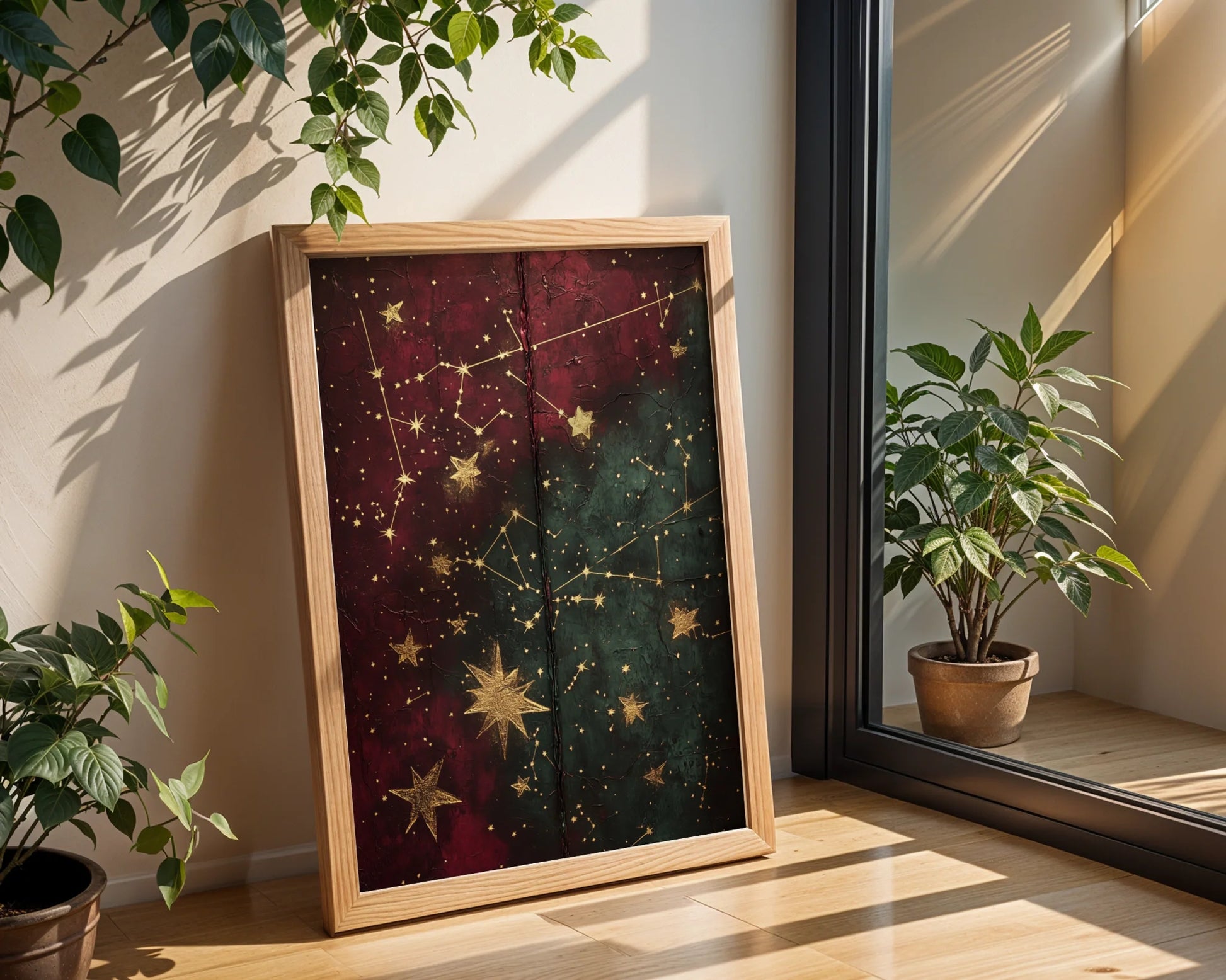 Celestial Map Gold Stars Cracked Leather in room