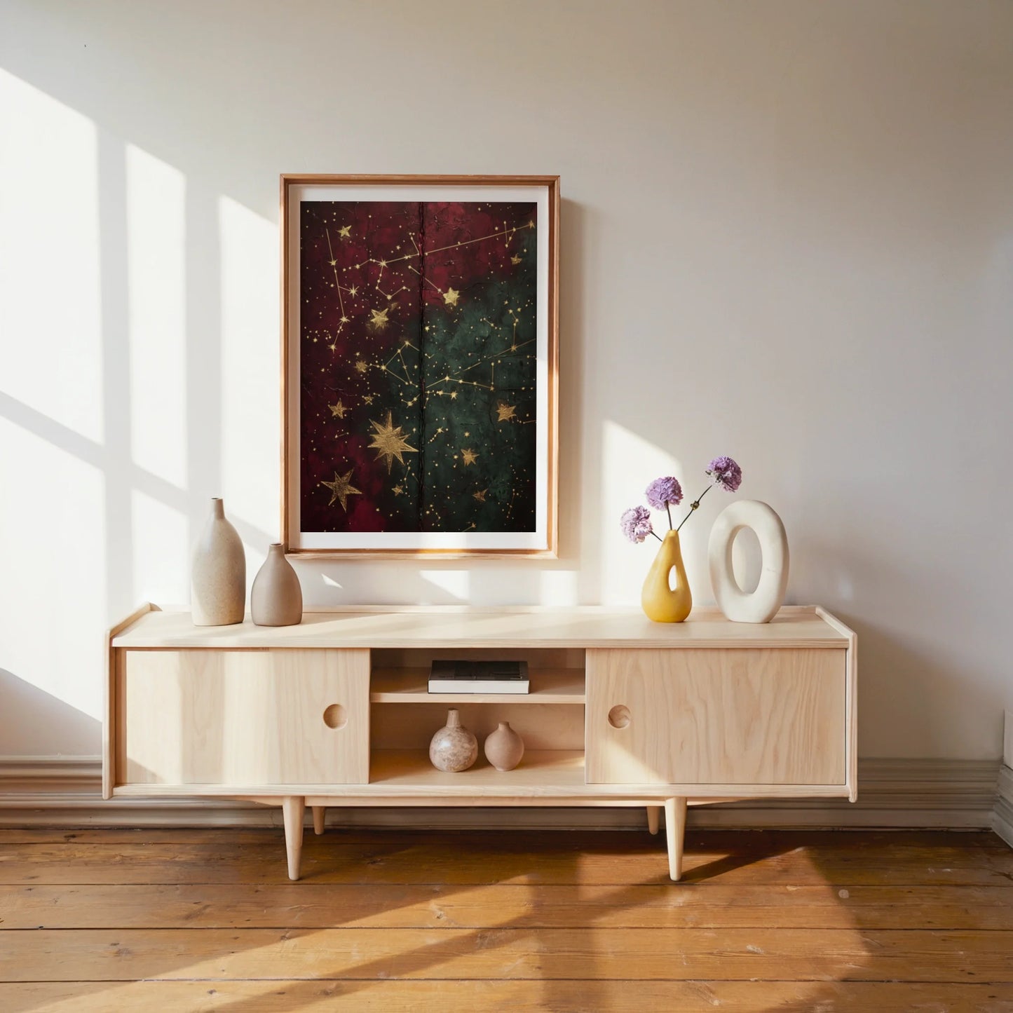 Celestial Map Gold Stars Cracked Leather in room
