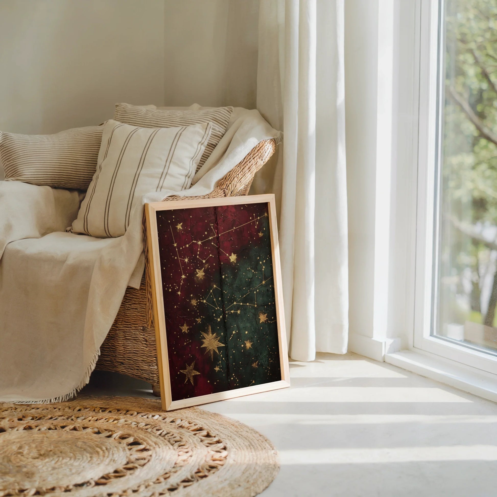 Celestial Map Gold Stars Cracked Leather in room