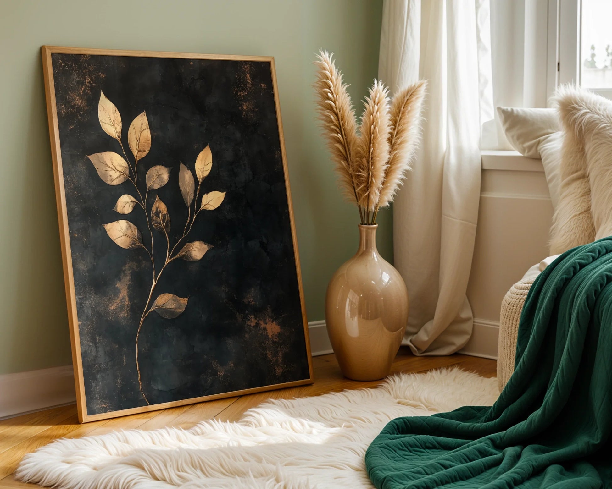 Botanical Pressed Leaf Gold Metallic Twilight Canvas Wall Art — Elegant canvas featuring preserved botanical specimen in rich bronze tones for upscale home styling