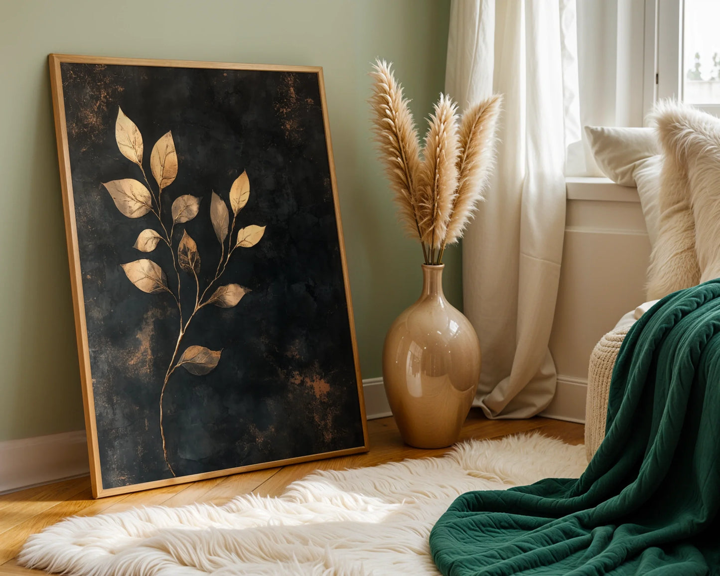 Botanical Pressed Leaf Gold Metallic Twilight in room