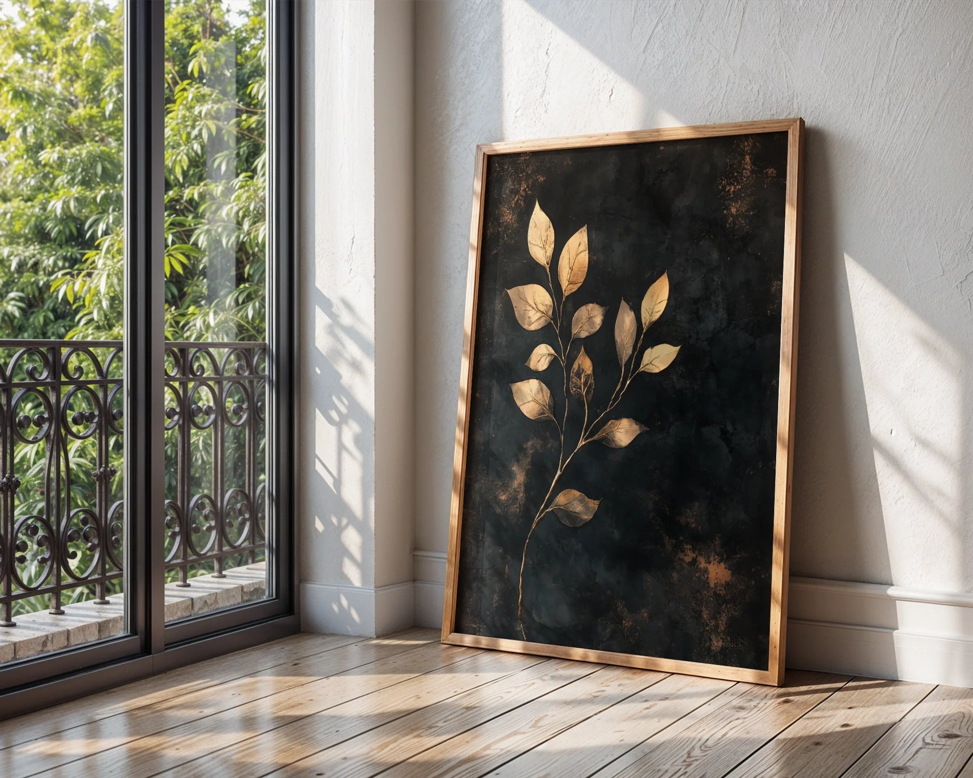 Botanical Pressed Leaf Gold Metallic Twilight Canvas Wall Art — Minimalist canvas art showcasing burnished copper foliage details for contemporary interior design