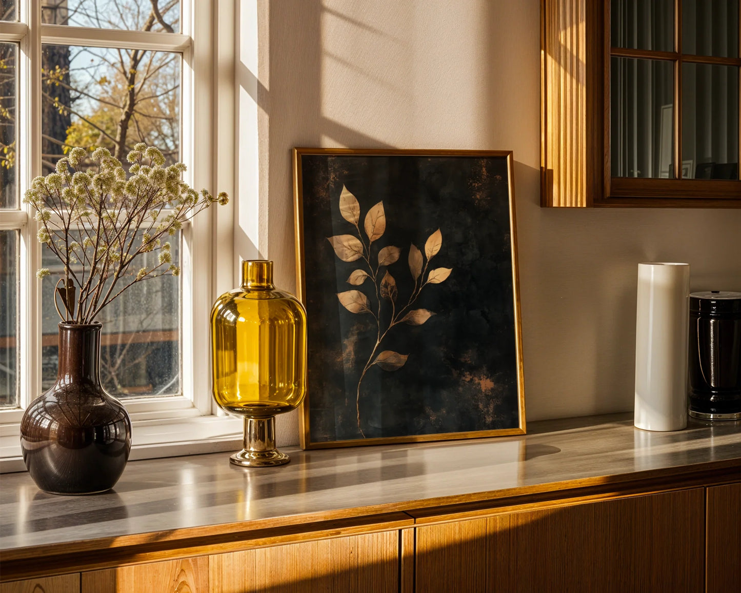 Botanical Pressed Leaf Gold Metallic Twilight Canvas Wall Art — Sleek canvas artwork featuring shimmering brass-toned flora for chic modern home aesthetics