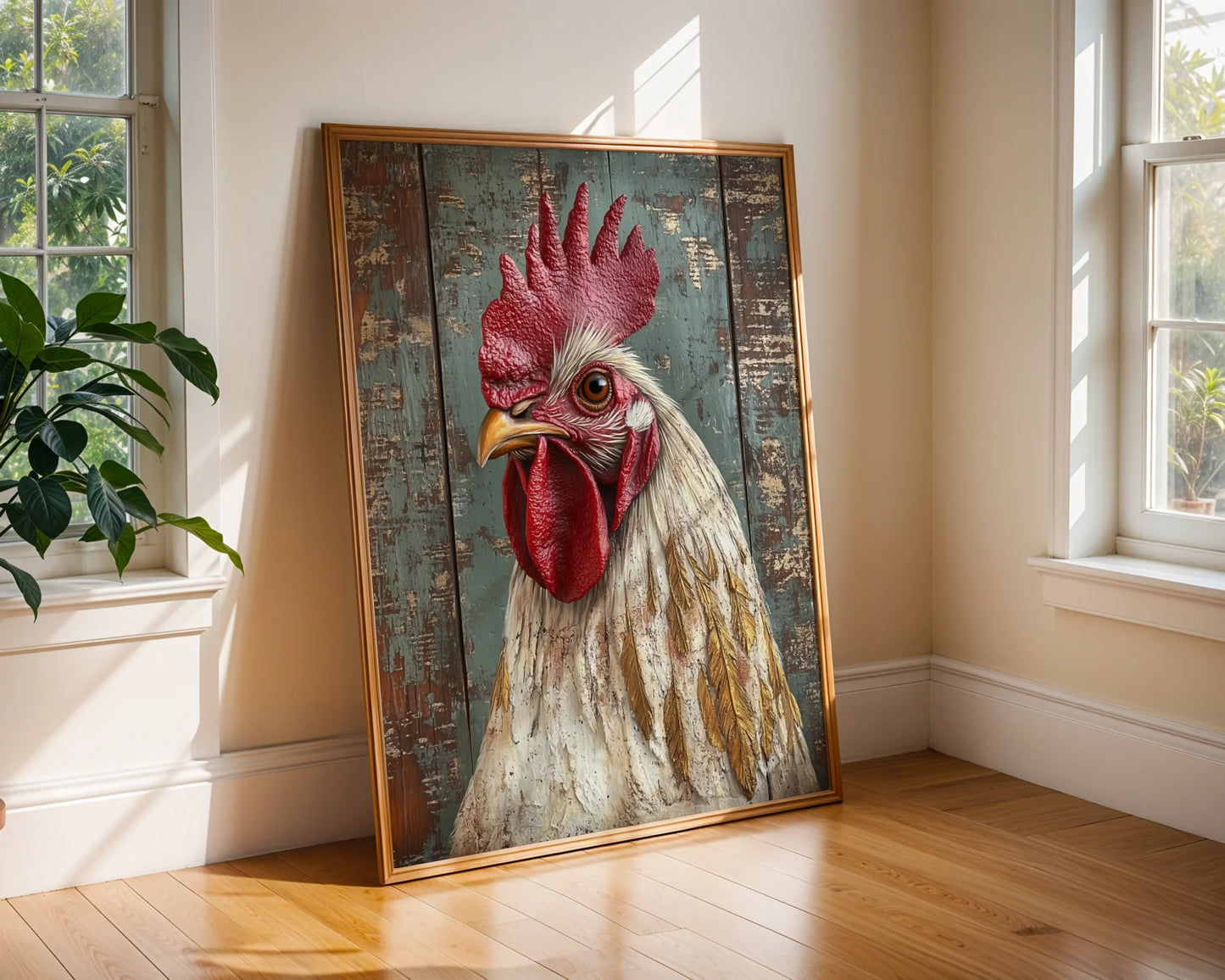 Farmhouse Rooster Canvas Wall Art Amber Eye Barn Wood Texture — Canvas featuring majestic rooster with intense gaze styled in modern farmhouse dining room decor