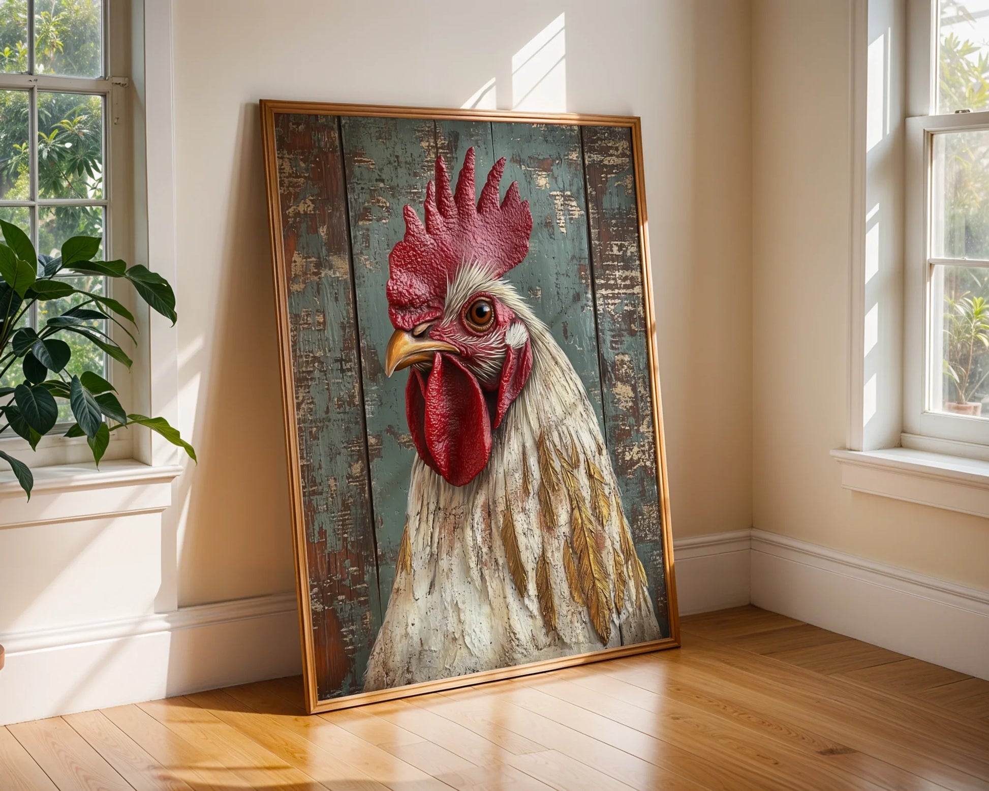 Farmhouse Rooster Canvas Wall Art Amber Eye Barn Wood Texture — Canvas featuring majestic rooster with intense gaze styled in modern farmhouse dining room decor