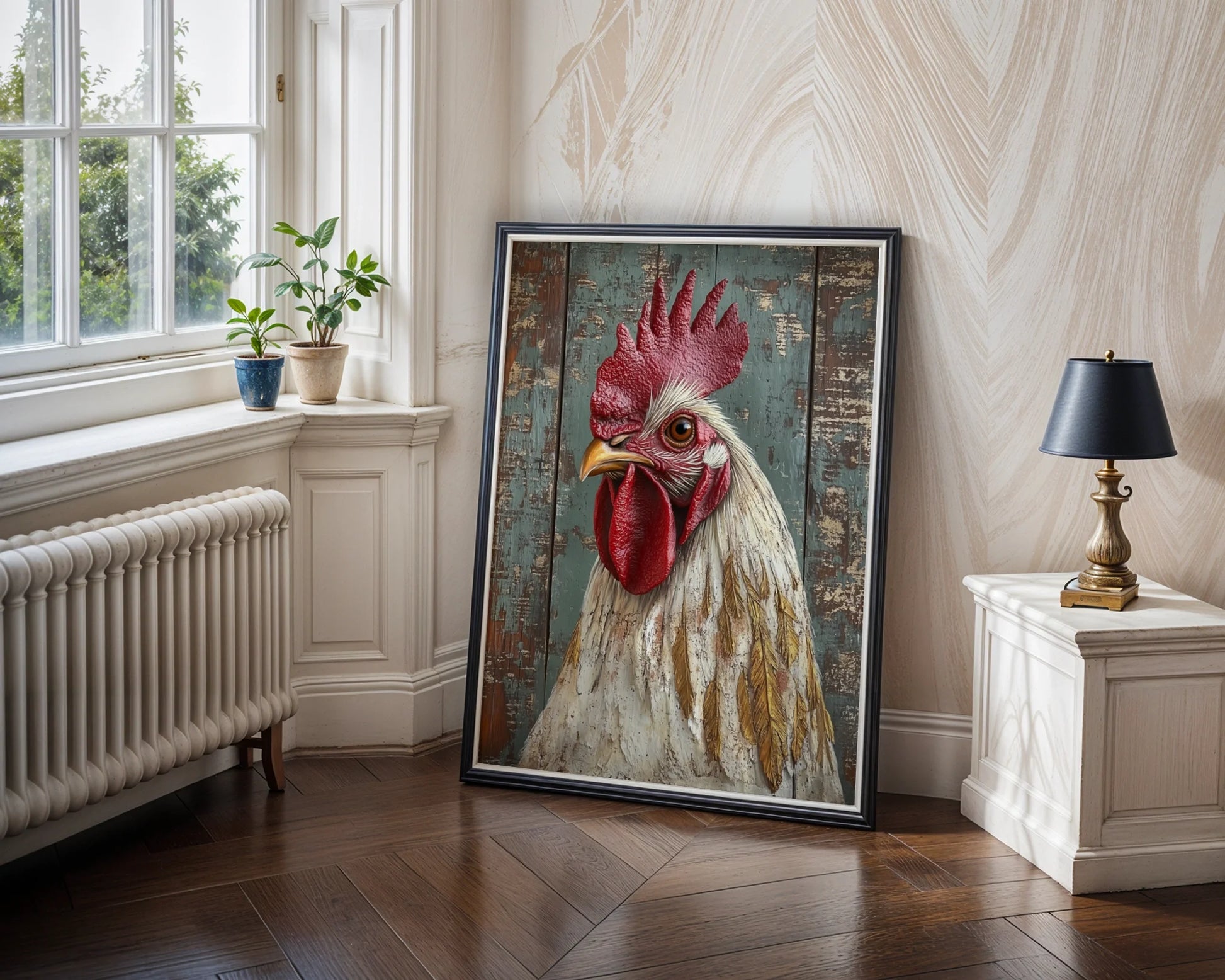 Farmhouse Rooster Amber Eye Barn Wood Texture in room