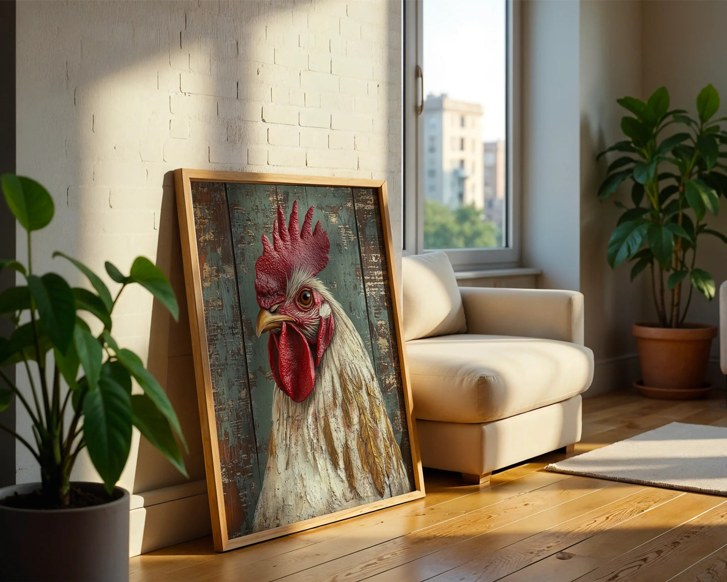 Farmhouse Rooster Amber Eye Barn Wood Texture in room