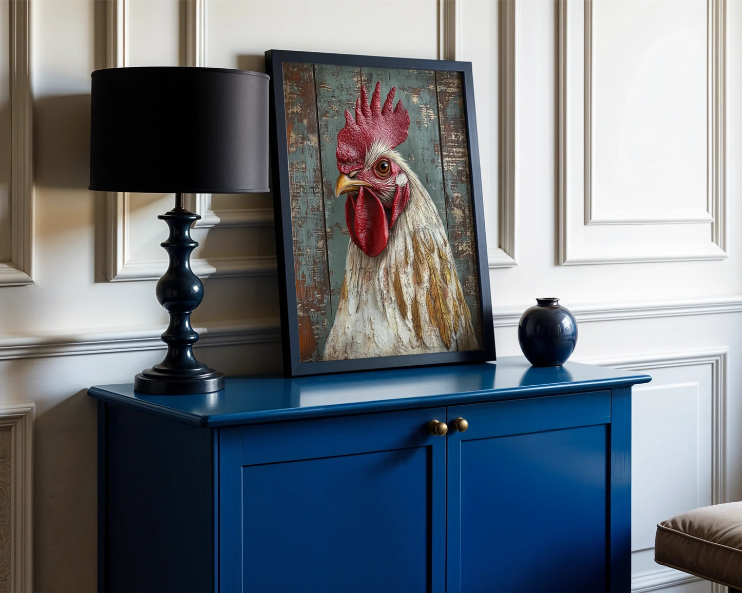 Farmhouse Rooster Canvas Wall Art Amber Eye Barn Wood Texture — Distressed plank canvas showing farmyard fowl with vivid amber gaze for shabby chic home decor