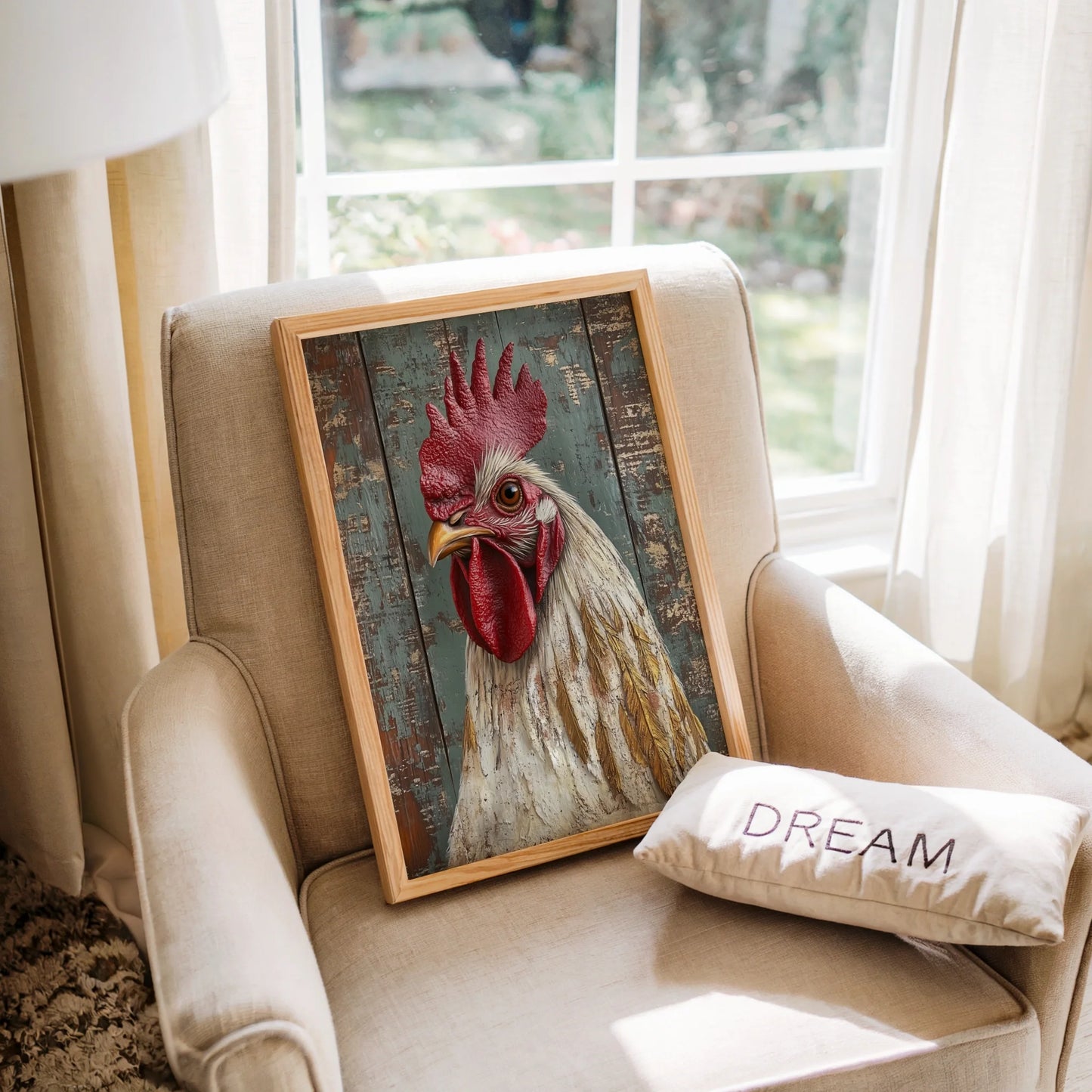 Farmhouse Rooster Canvas Wall Art Amber Eye Barn Wood Texture — Vintage-style artwork depicting stately cockerel emerging from aged timber for rustic home styling