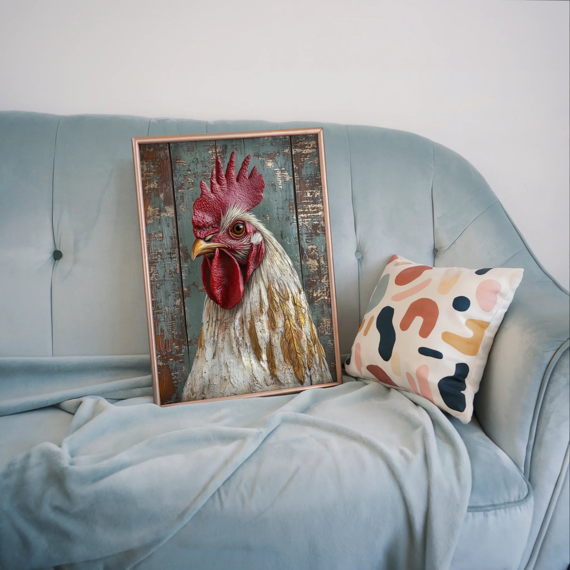 Farmhouse Rooster Amber Eye Barn Wood Texture in room