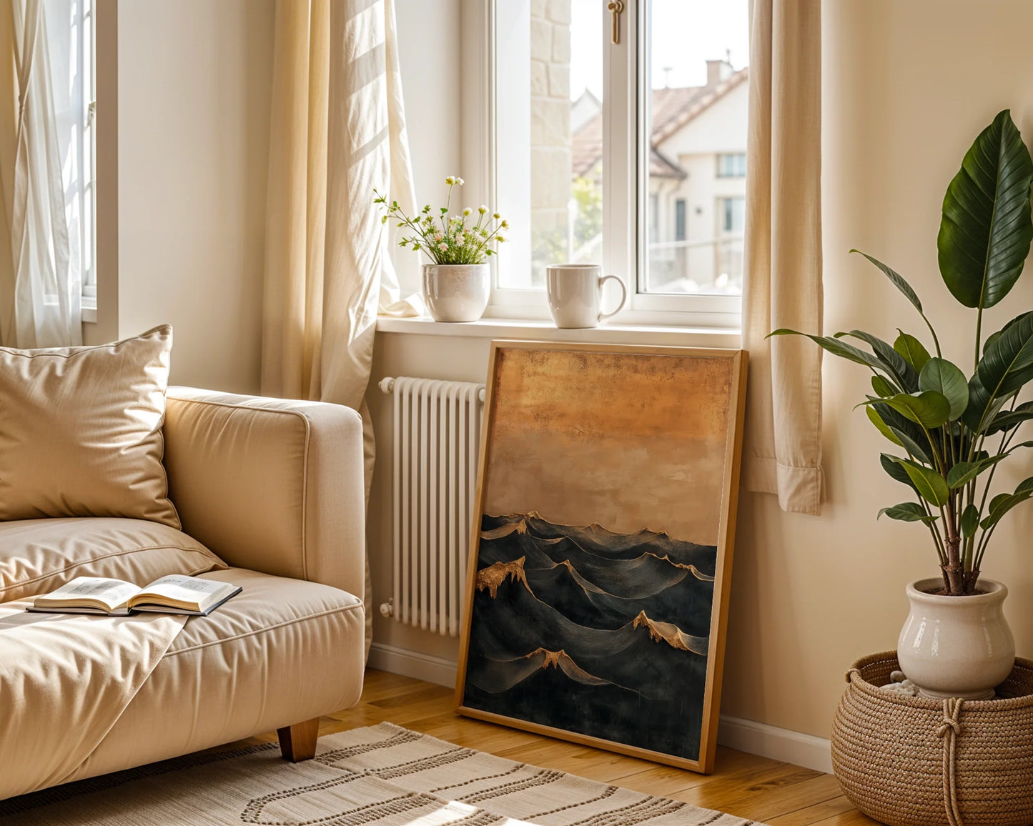 Dramatic Ocean Wave Painting Textured Seascape Canvas Wall Art — Sophisticated coastal artwork showing turbulent waters crashing with copper highlights for upscale interiors