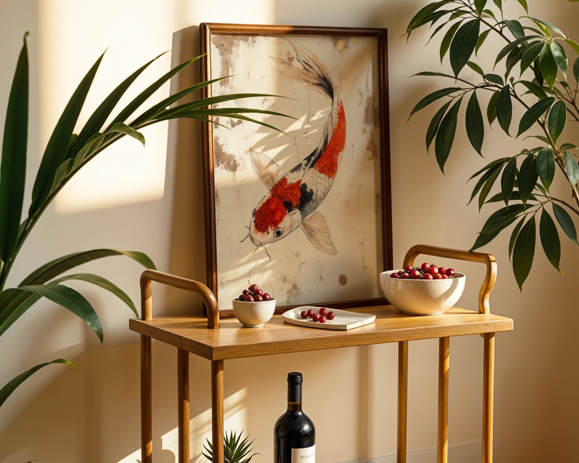 Japanese Koi Art Weathered Parchment Style in room