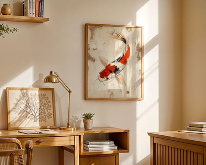 Japanese Koi Art Weathered Parchment Style in room