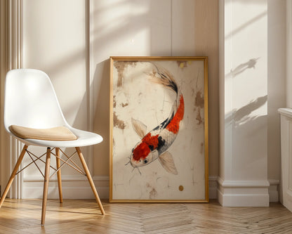 Japanese Koi Art Weathered Parchment Style Canvas Wall Art — Oriental carp artwork mounted in sleek dining area with bamboo elements and earth-tone palette