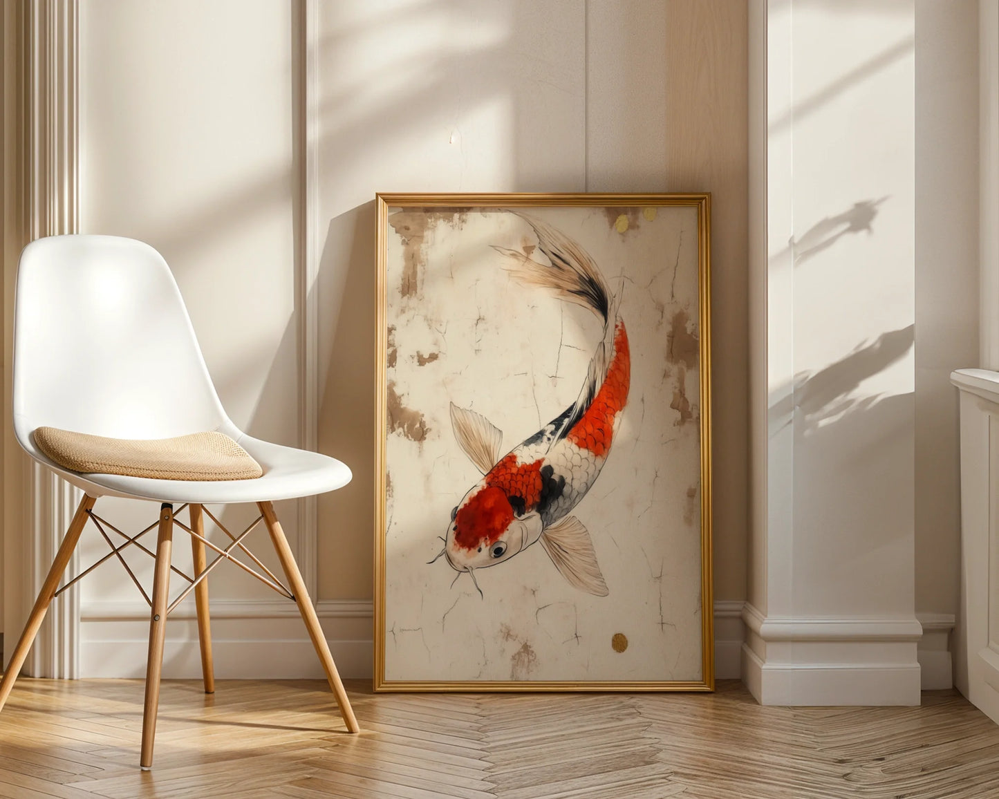 Japanese Koi Art Weathered Parchment Style in room