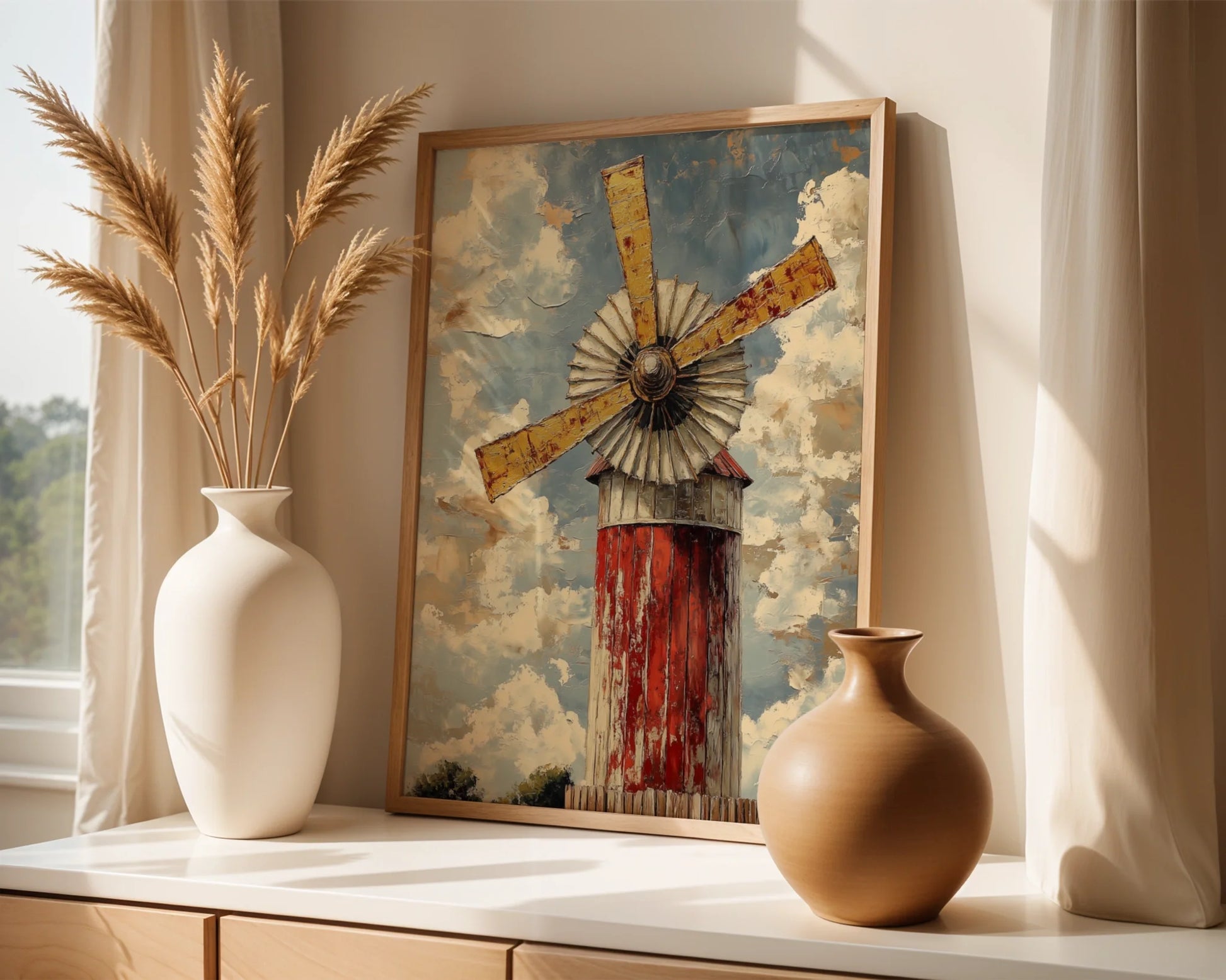 Rustic Windmill Painting Storm Sky Farmhouse Canvas Wall Art — Farmhouse style canvas showcasing aged agricultural mill beneath gathering clouds for rustic home decor