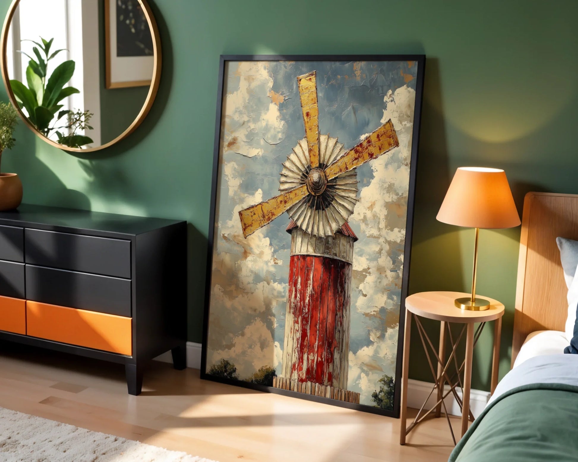 Rustic Windmill Painting Storm Sky Farmhouse Canvas Wall Art — Americana style print showing worn farm machinery against dramatic cloudscape for patriotic home styling