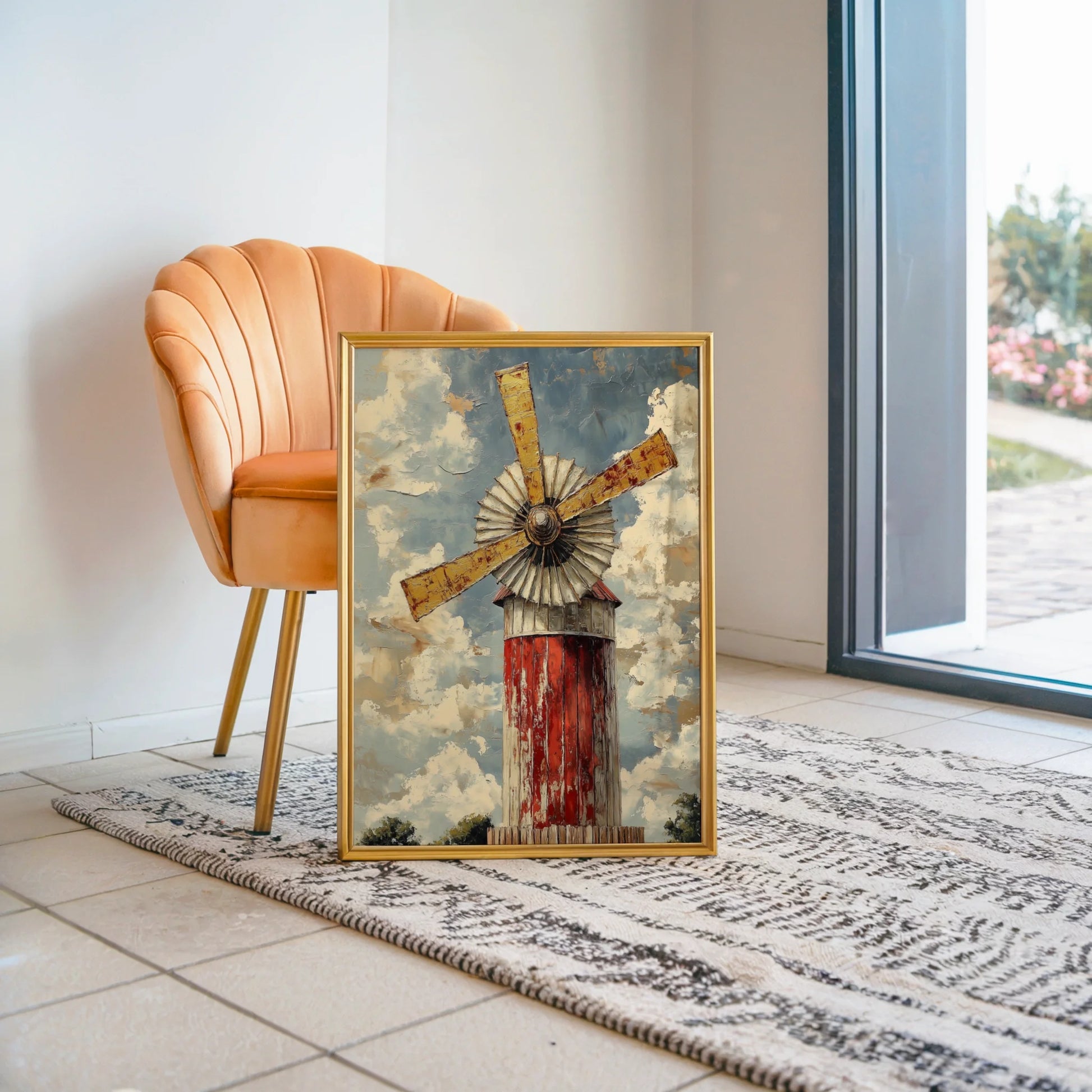 Rustic Windmill Painting Storm Sky Farmhouse Canvas Wall Art — Prairie style canvas depicting old agricultural structure with storm approaching for western home decor