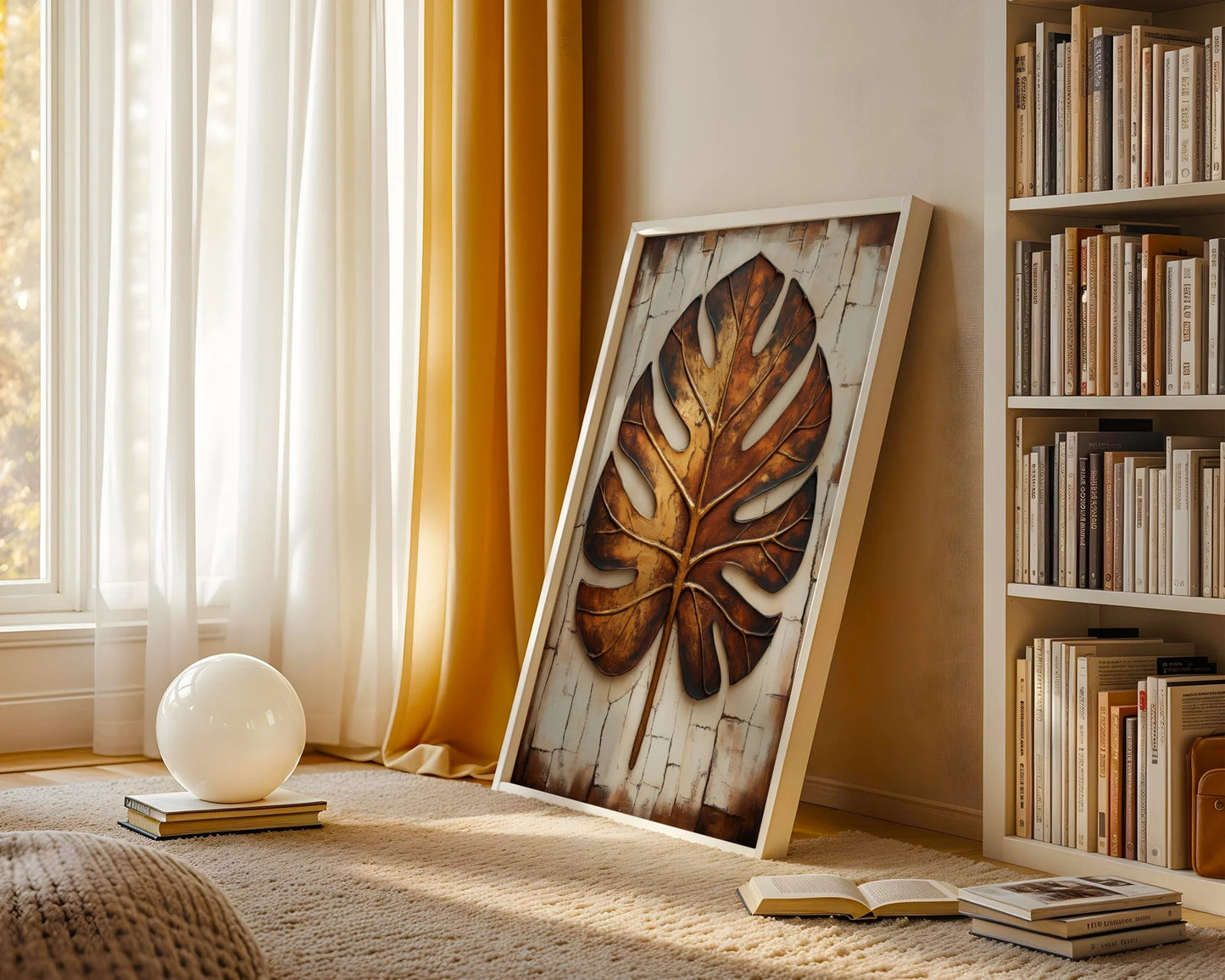 Copper Leaf Monstera Boho Cracked Earth in room