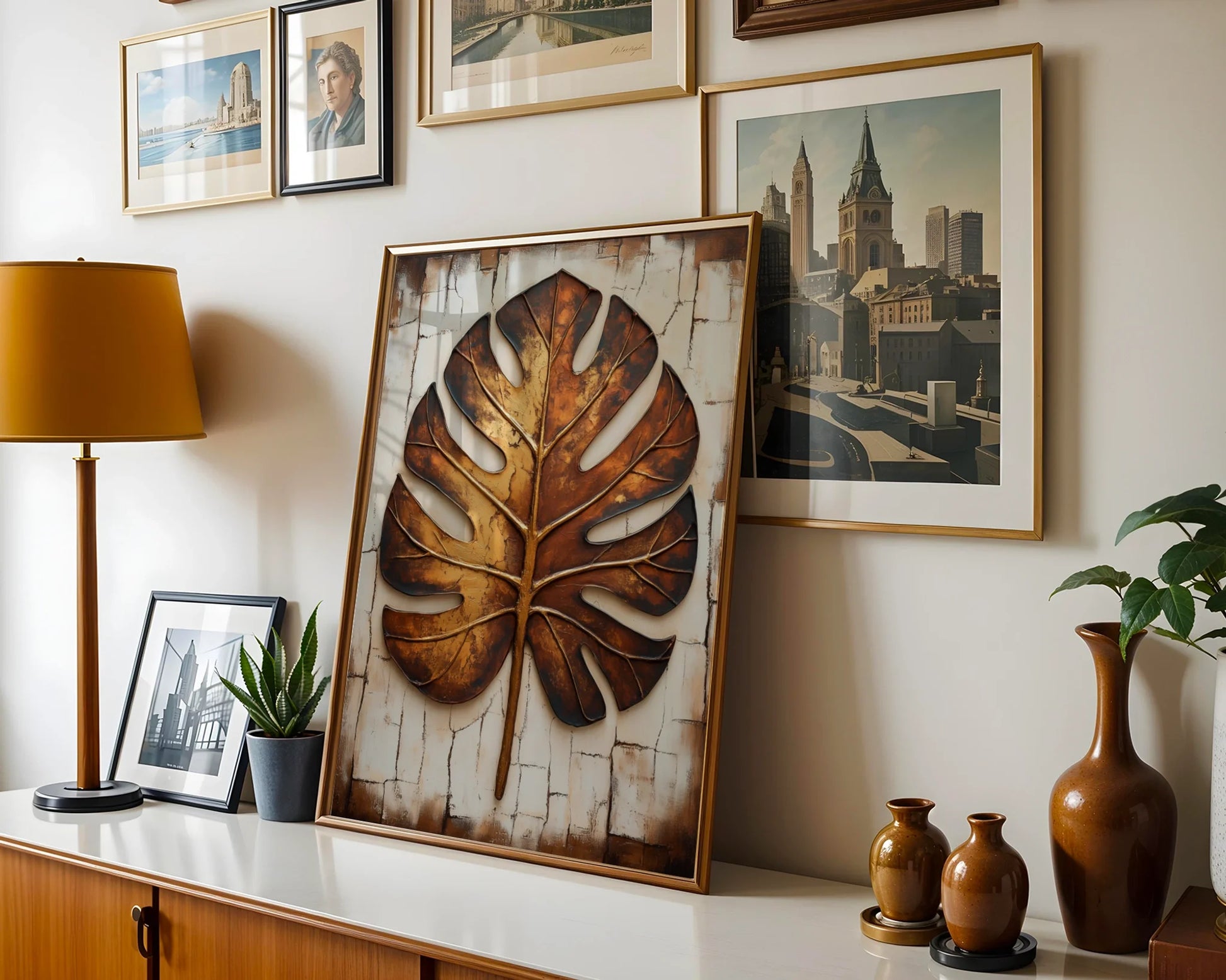 Copper Leaf Monstera Boho Cracked Earth in room