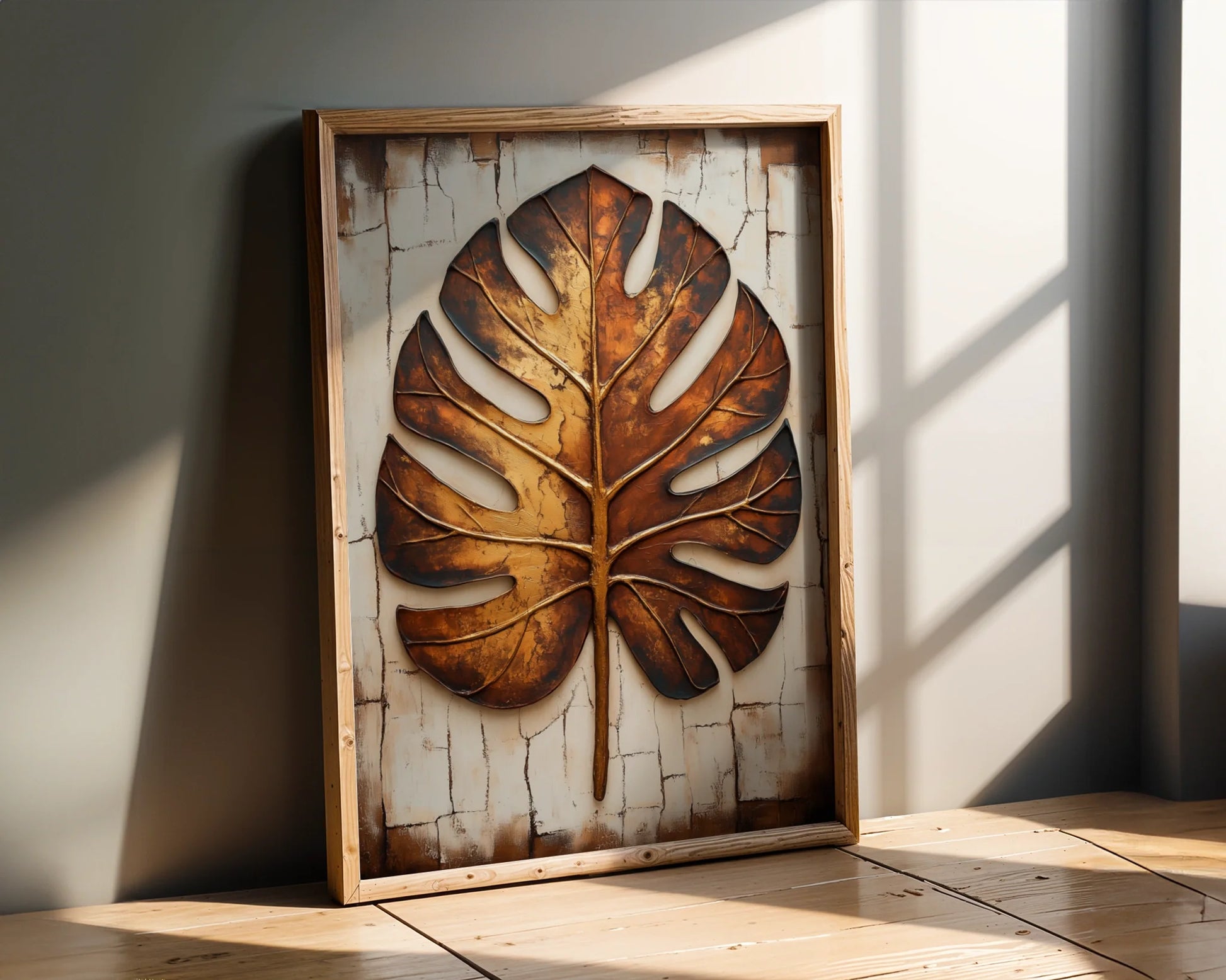 Copper Leaf Monstera Boho Cracked Earth Canvas Wall Art — Farmhouse-inspired artwork shows time-worn foliage sprouting from weathered ground for vintage charm