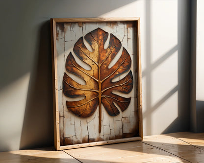 Copper Leaf Monstera Boho Cracked Earth Canvas Wall Art — Farmhouse-inspired artwork shows time-worn foliage sprouting from weathered ground for vintage charm