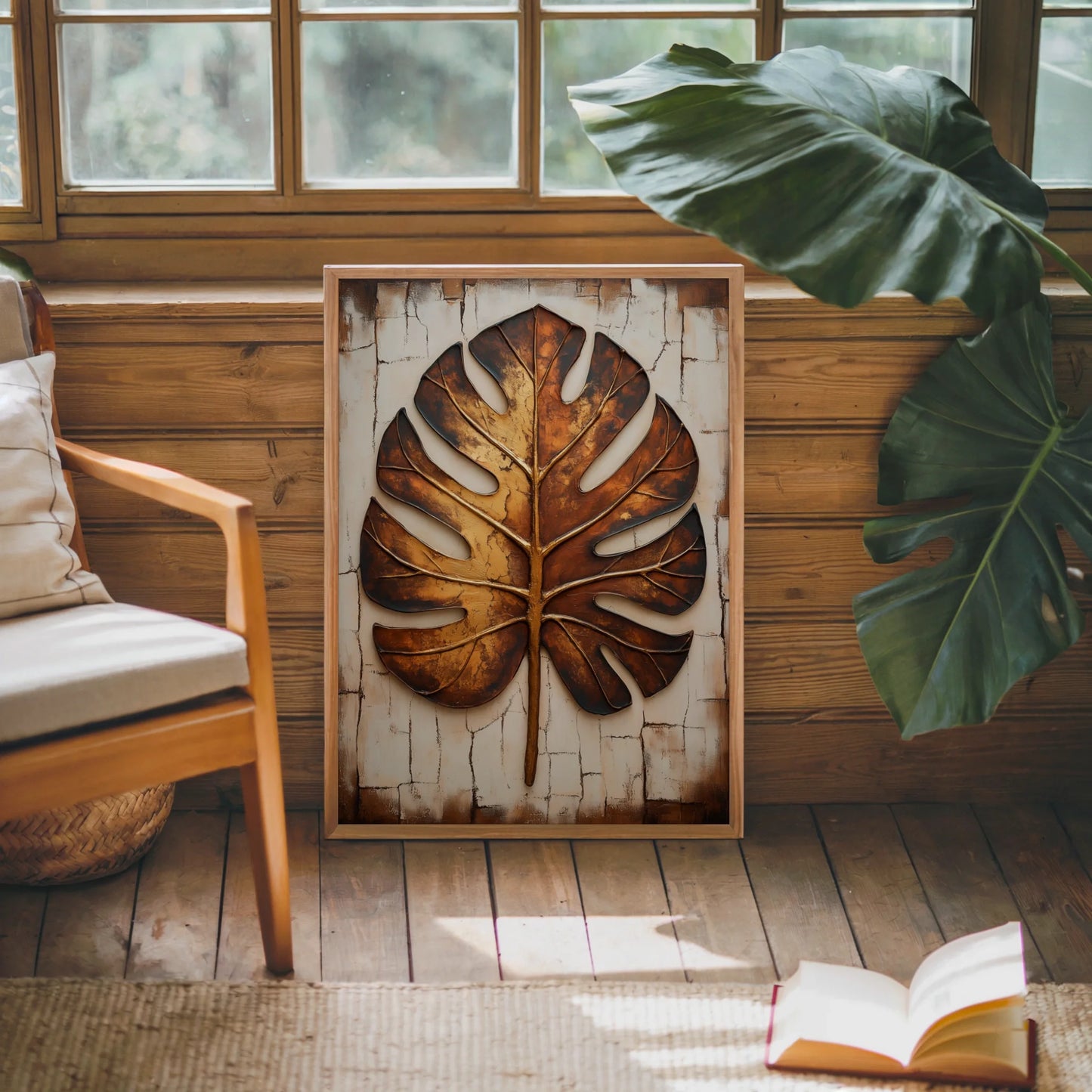 Copper Leaf Monstera Boho Cracked Earth Canvas Wall Art — Warm amber tones blend with saddle brown hues in heavily textured canvas artwork for natural styling