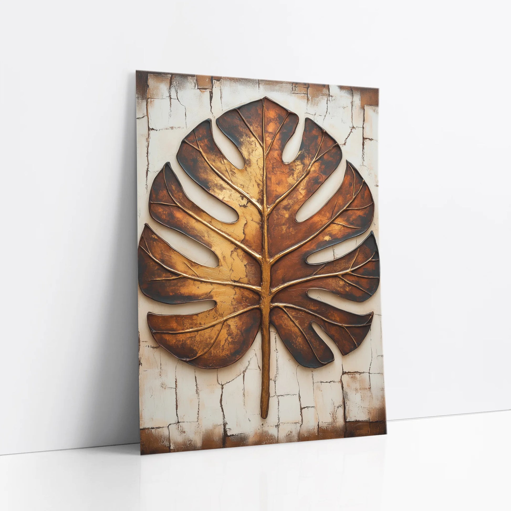 Copper Leaf Monstera Boho Cracked Earth art print