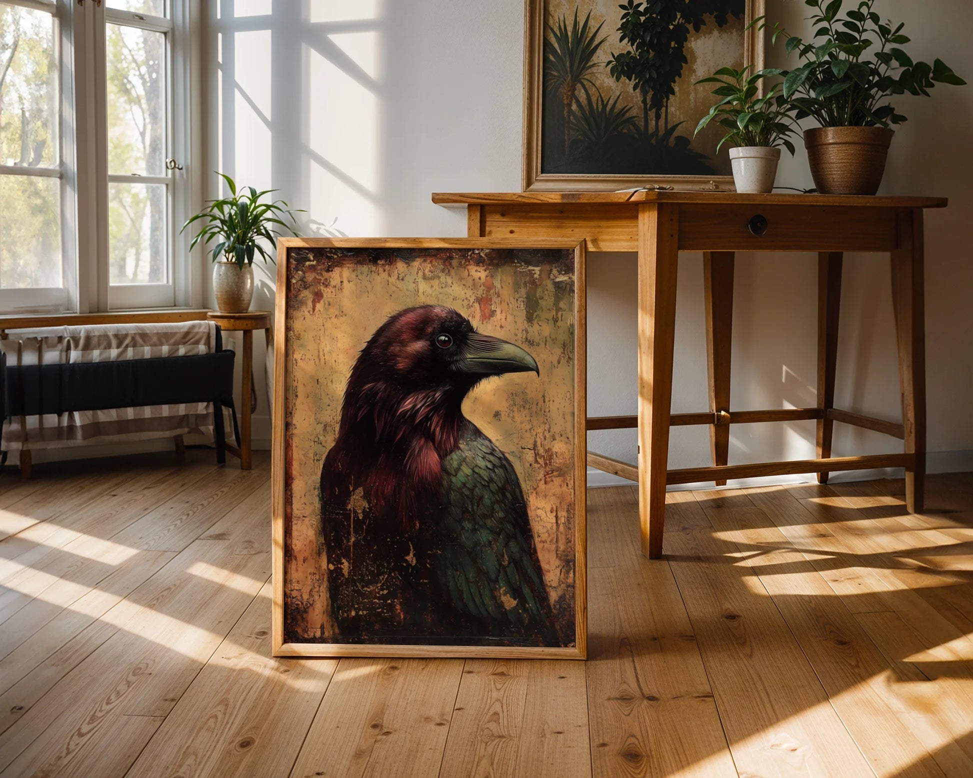 Raven Wall Art Dark Academia Byzantine Gold Canvas Print — Scholarly interior features mysterious black bird artwork with ornate crown details for intellectual decor